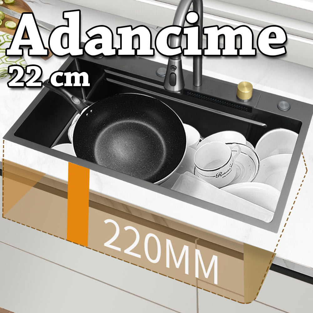 Set chiuveta multifunctionala cu accesorii, baterie cu dus extractibil cu 3 tipuri de jet si cascada, dispenser sapun de lux, gri antracit, 75x46 cm