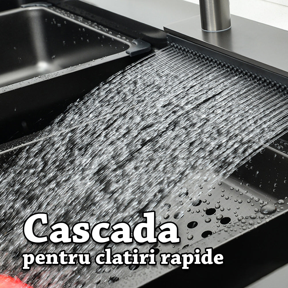 Set chiuveta multifunctionala cu accesorii, baterie cu dus extractibil cu 3 tipuri de jet si cascada, dispenser sapun de lux, gri antracit, 75x46 cm