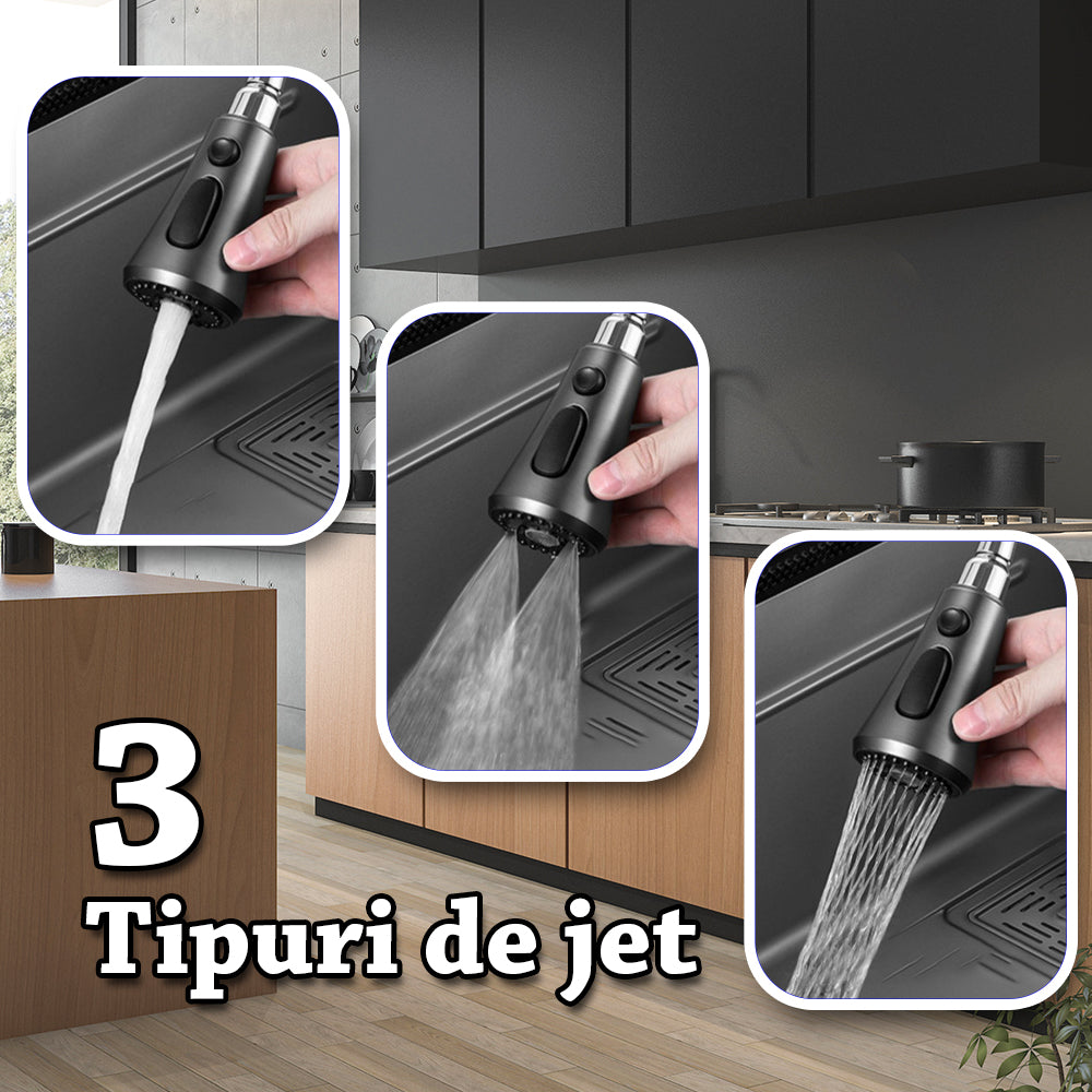 Set chiuveta multifunctionala cu accesorii, baterie cu dus extractibil cu 3 tipuri de jet si cascada, dispenser sapun de lux, gri antracit, 75x46 cm