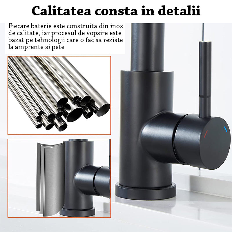 Baterie chiuveta bucatarie neagra cu dus extractibil, 3 moduri de curgere, vopsea rezistenta impotriva petelor si a urmelor, 38 cm inaltime