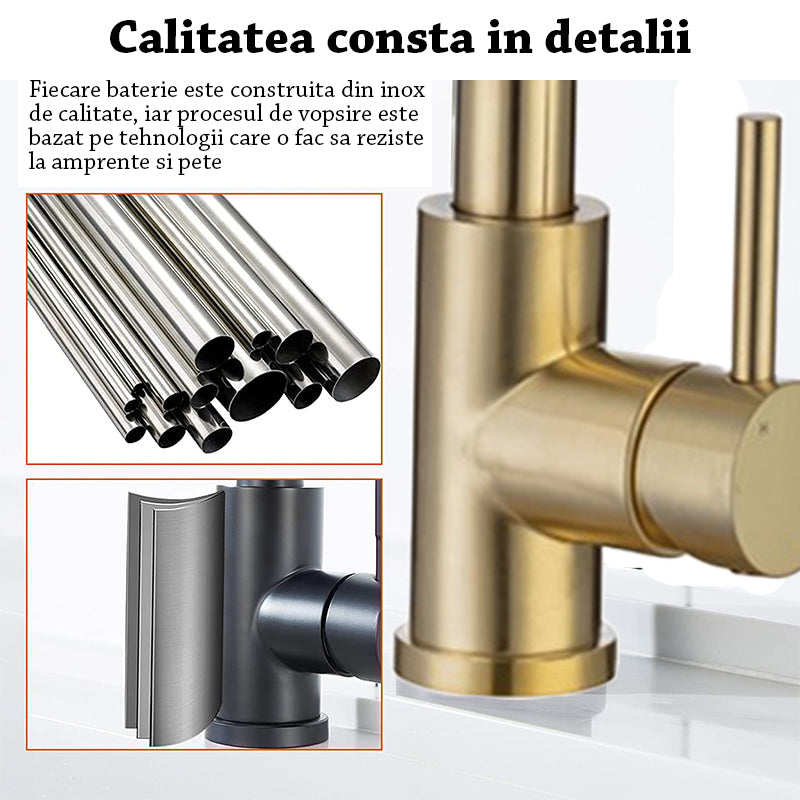 Baterie chiuveta de bucatarie aurie cu dus extractibil, 3 tipuri de jet, vopsea rezistenta impotriva petelor si a urmelor, 38 cm inaltime