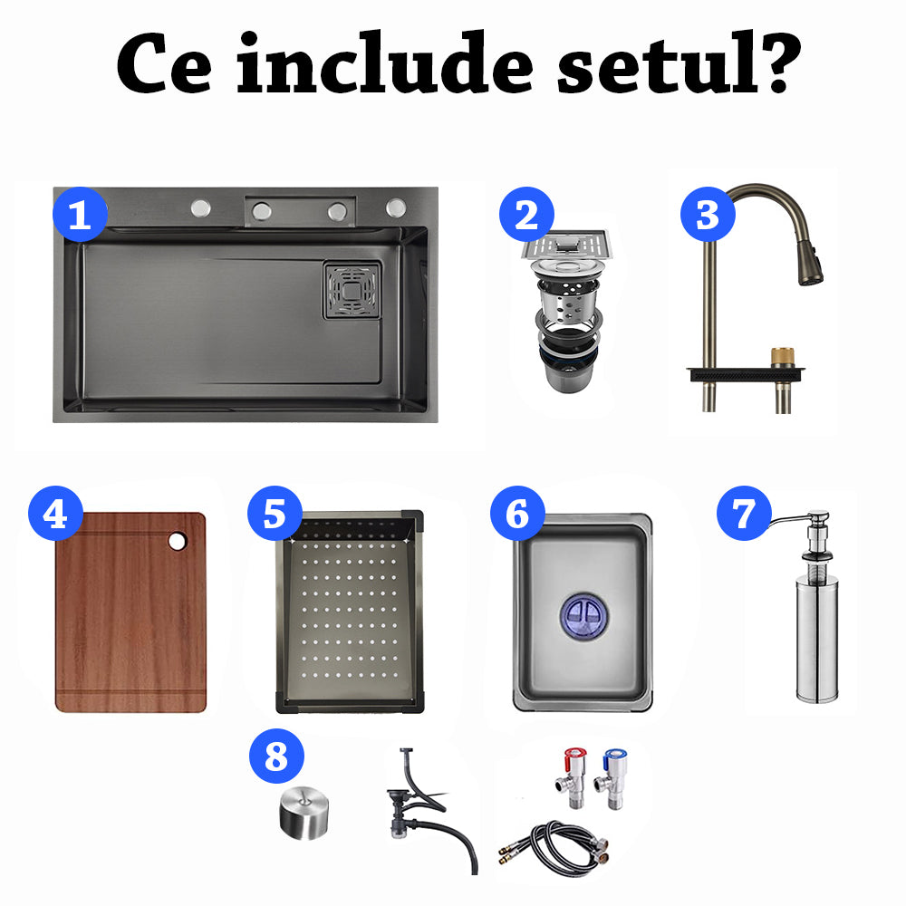 Set chiuveta multifunctionala cu accesorii, baterie cu dus extractibil cu 3 tipuri de jet si cascada, dispenser sapun de lux, gri antracit, 75x46 cm