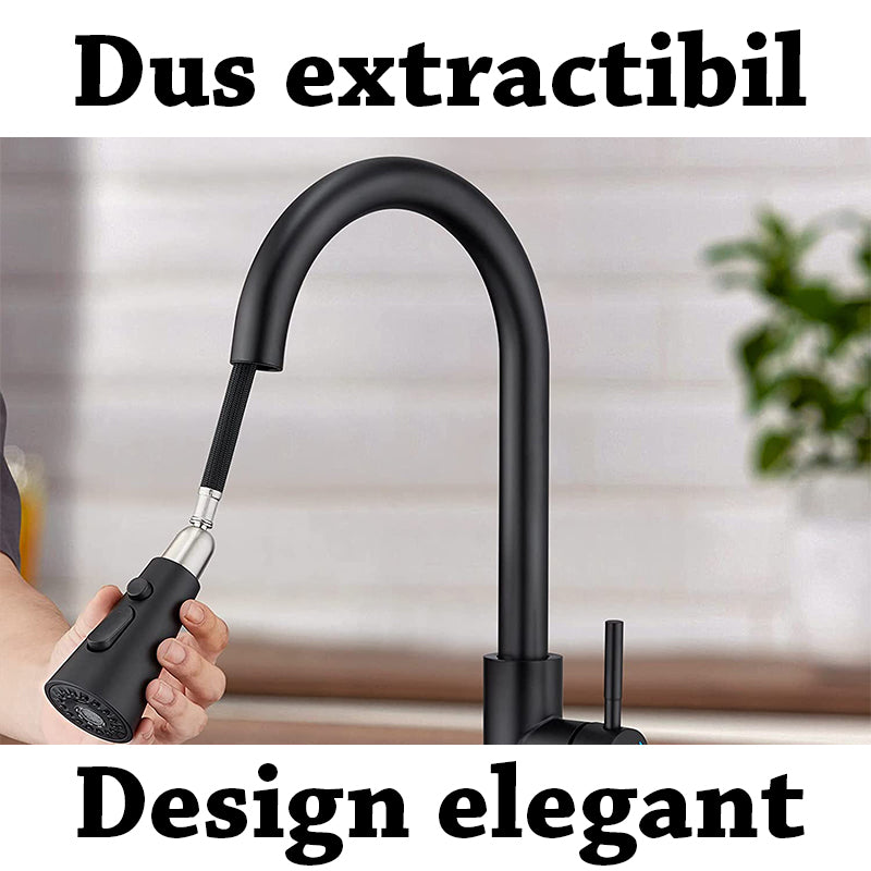 Baterie chiuveta bucatarie neagra cu dus extractibil, 3 moduri de curgere, vopsea rezistenta impotriva petelor si a urmelor, 38 cm inaltime