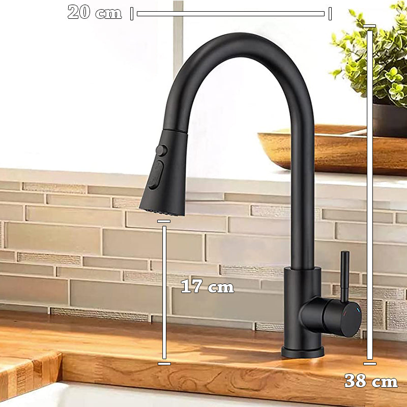 Baterie chiuveta bucatarie neagra cu dus extractibil, 3 moduri de curgere, vopsea rezistenta impotriva petelor si a urmelor, 38 cm inaltime