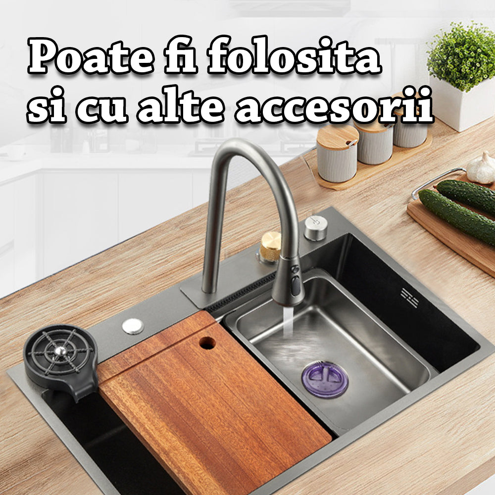 Set chiuveta multifunctionala cu accesorii, baterie cu dus extractibil cu 3 tipuri de jet si cascada, dispenser sapun de lux, gri antracit, 75x46 cm