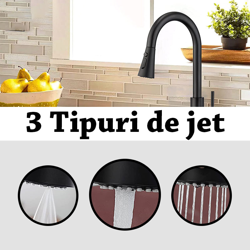 Baterie chiuveta bucatarie neagra cu dus extractibil, 3 moduri de curgere, vopsea rezistenta impotriva petelor si a urmelor, 38 cm inaltime