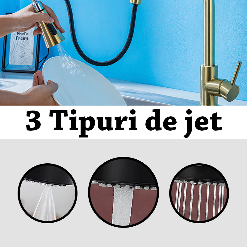 Baterie chiuveta de bucatarie aurie cu dus extractibil, 3 tipuri de jet, vopsea rezistenta impotriva petelor si a urmelor, 38 cm inaltime