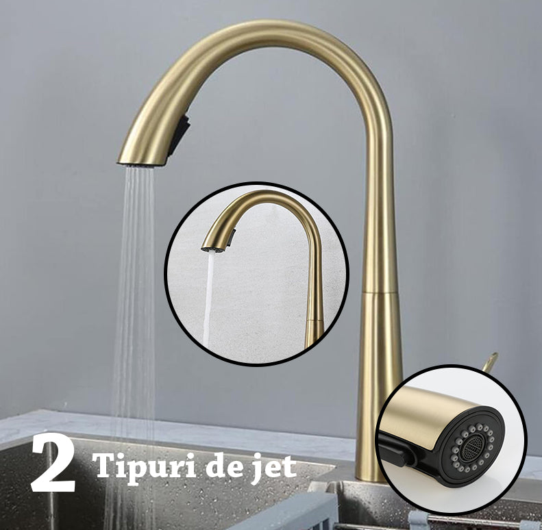 Baterie chiuveta bucatarie aurie cu dus extractibil, 2 moduri de curgere, rezistenta impotriva petelor si a urmelor, furtunuri cu cheie si protectie, Casamoni