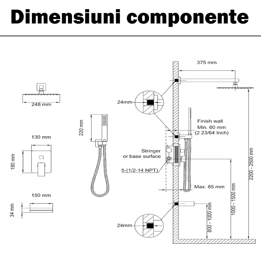 dimensiuni set dus negru cu baterie incastrata