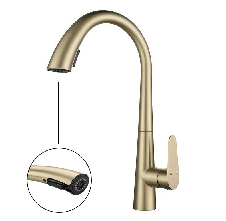 Baterie chiuveta bucatarie aurie cu dus extractibil, 2 moduri de curgere, rezistenta impotriva petelor si a urmelor, furtunuri cu cheie si protectie, Casamoni