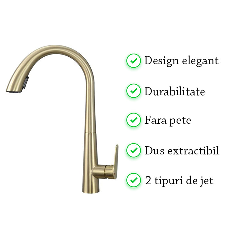 Baterie chiuveta bucatarie aurie cu dus extractibil, 2 moduri de curgere, rezistenta impotriva petelor si a urmelor, furtunuri cu cheie si protectie, Casamoni