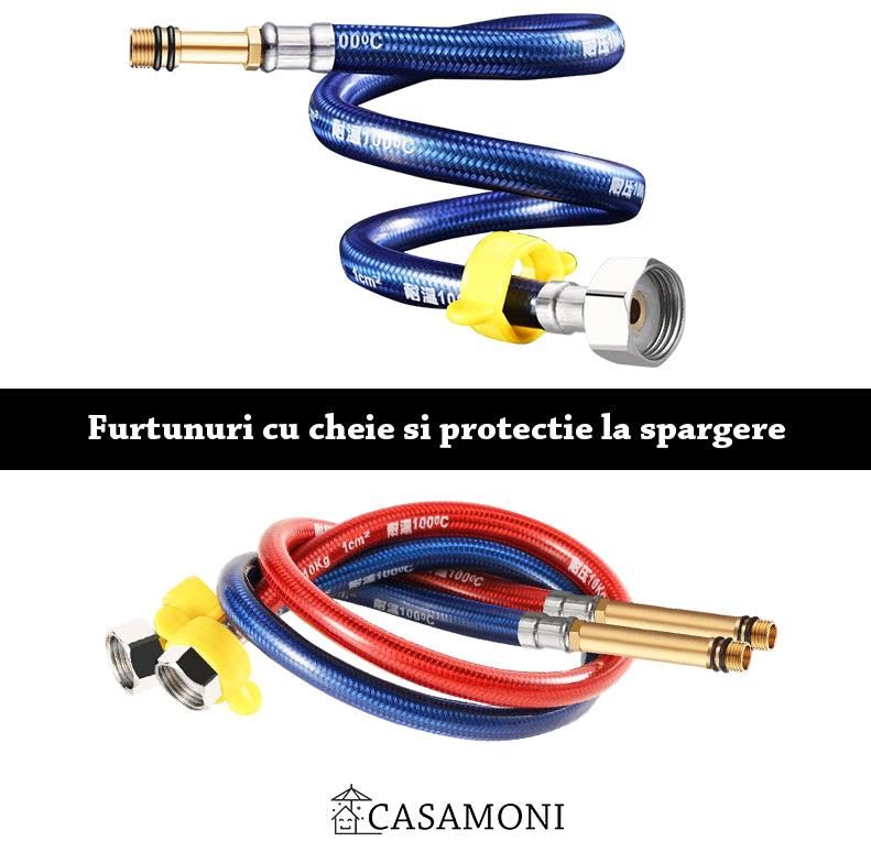 Baterie chiuveta bucatarie aurie cu dus extractibil, 2 moduri de curgere, rezistenta impotriva petelor si a urmelor, furtunuri cu cheie si protectie, Casamoni