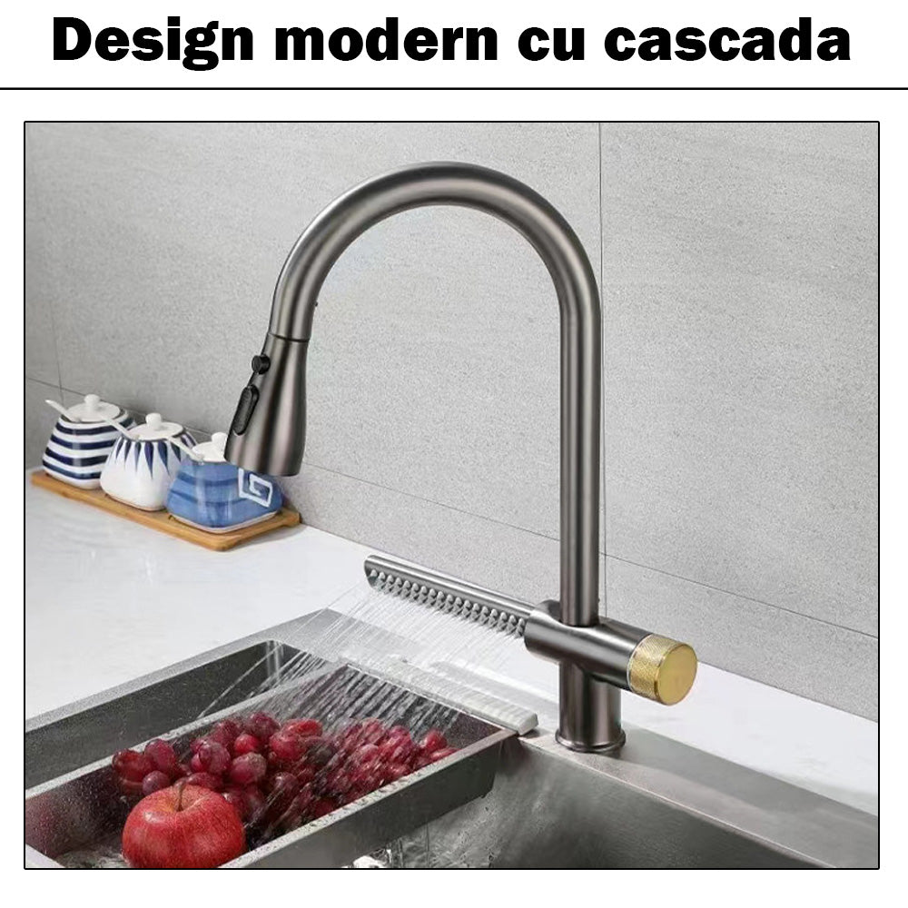 design baterie bucatarie cu 3 jeturi si cascada