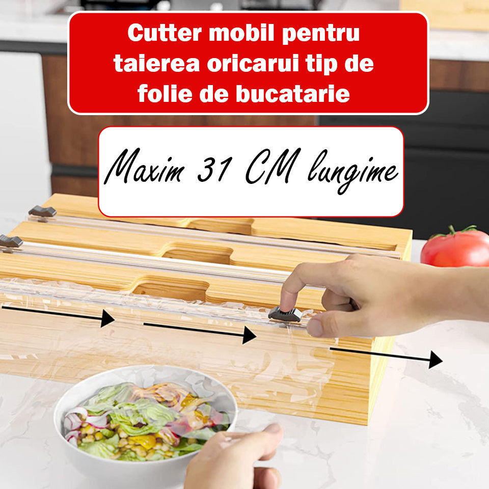 cutter montat pe organizator pentru folie de bucatarie